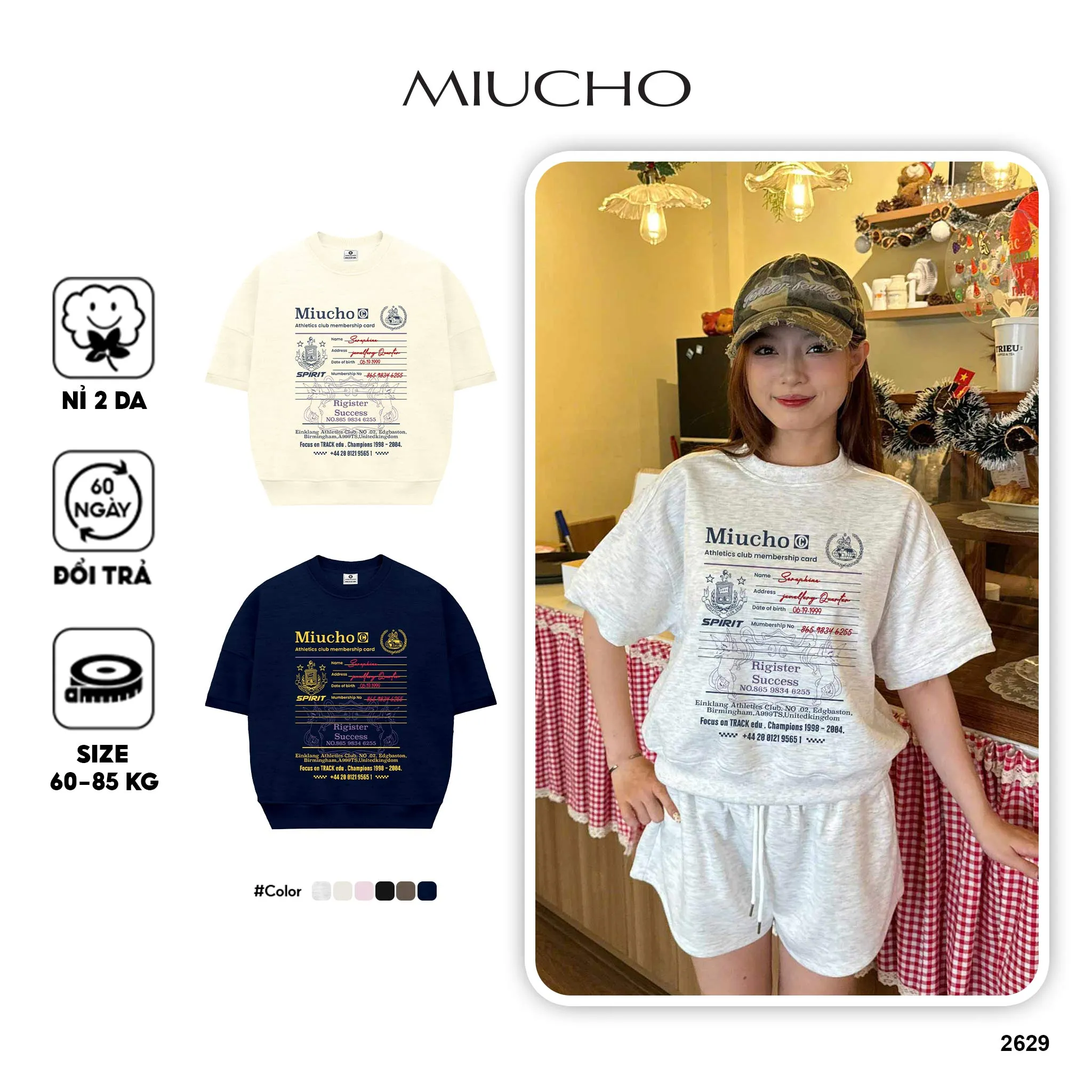 Áo Sweater boxy tay ngắn unisex Miucho nỉ 2 da dày dặn thoáng mát thấm hút mồ hôi tốt basic in mix 2629