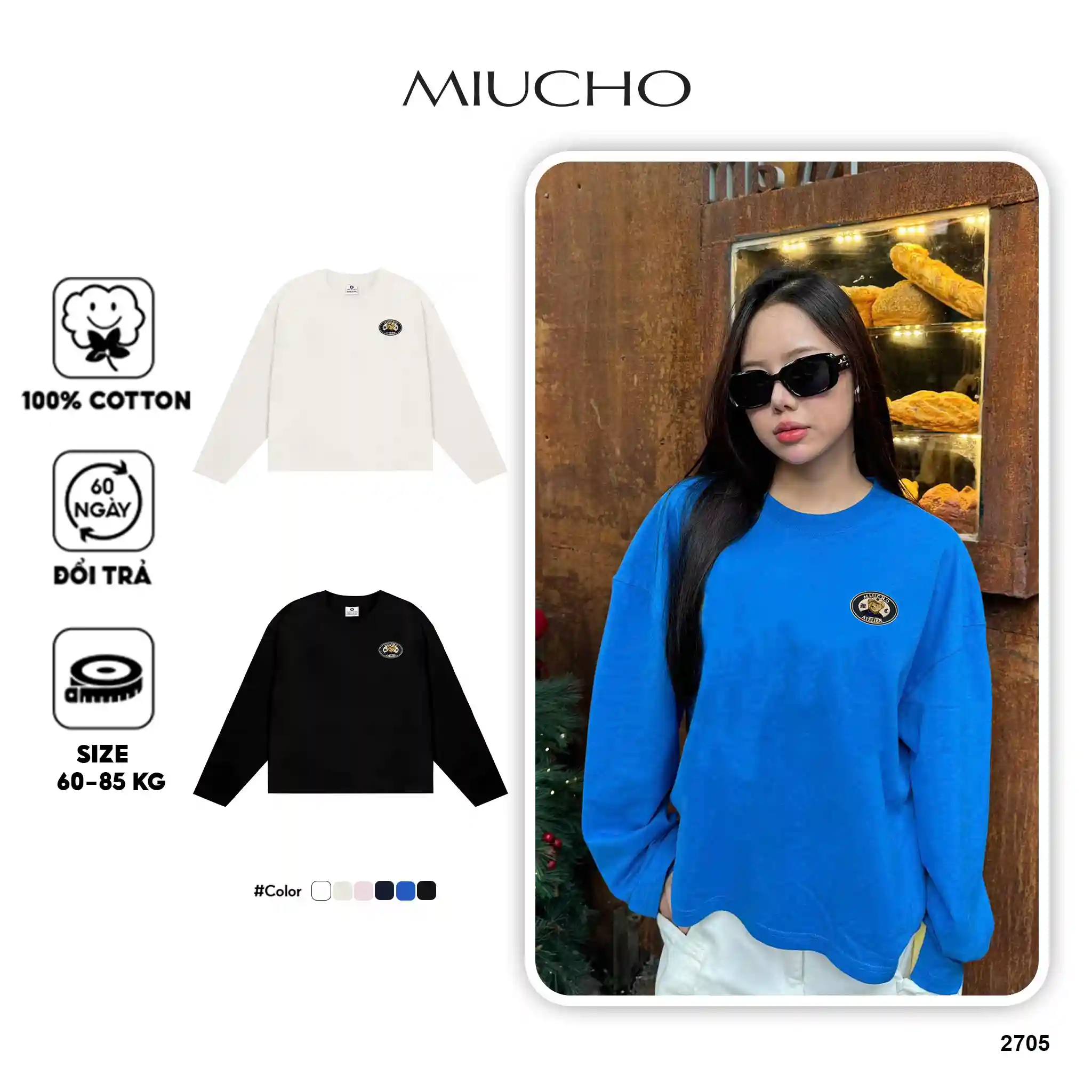 Áo thun boxy nữ Miucho cotton thoáng mát tay dài cổ tròn hình nhỏ basic in mix 2705