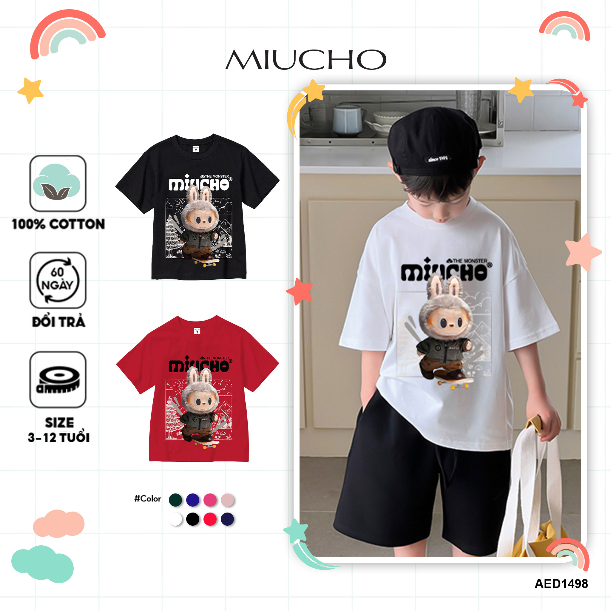 Áo thun bé trai labubu form rộng AED1498 Miucho Kid vải cotton thoáng mát cổ tròn in graphic