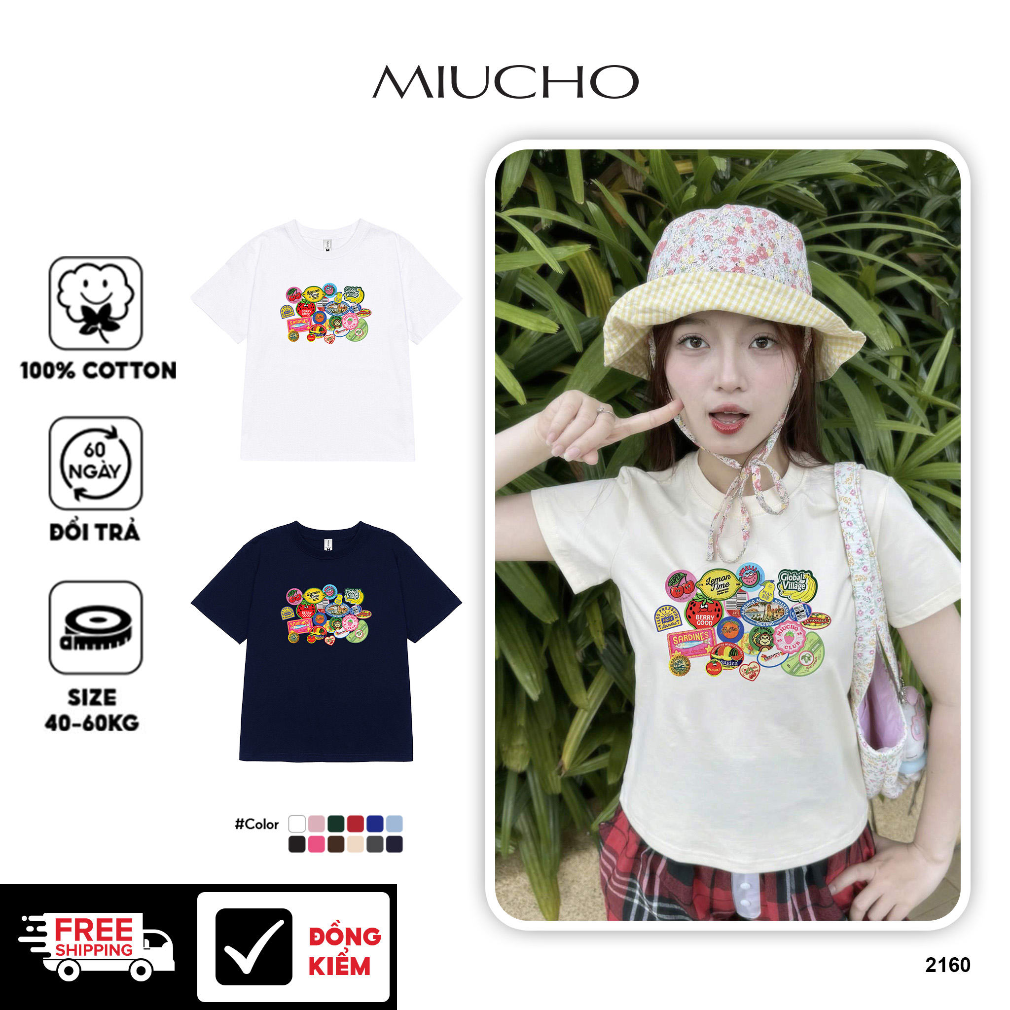 Áo baby tee ôm body hè biển 2160 Miucho cổ tròn vải cotton 4c thoáng mát in mix