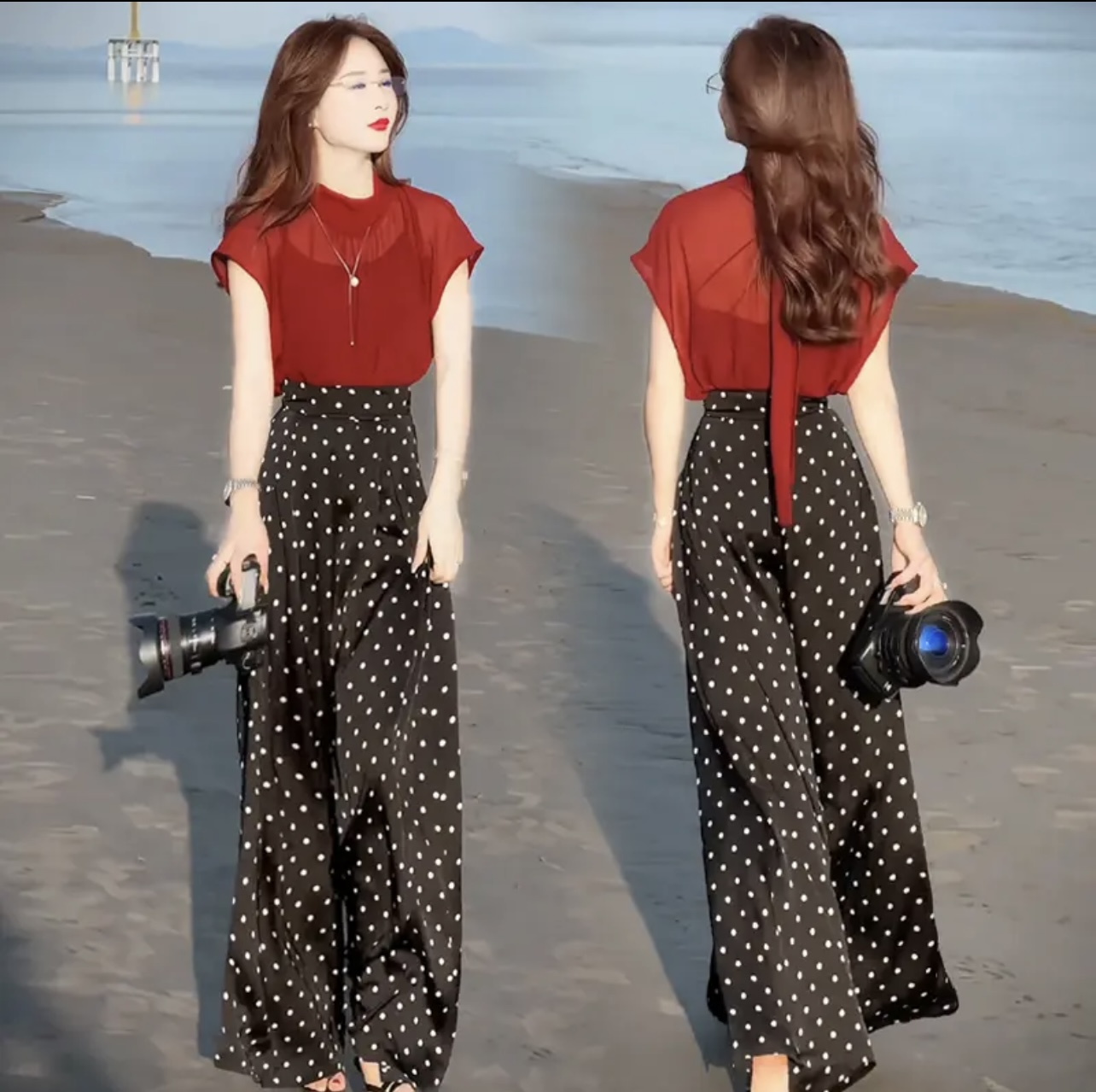 Sét bộ áo lụa băng mỏng cạp cao quần ống rộng