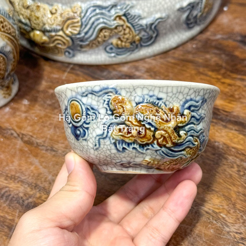 Bát Cúng, Bát Cơm (Tặng Bộ Đũa) Bộ Đắp Nổi Đồ Thờ Men Rạn Bát Tràng Nghệ Nhân Chế Tác_thumbnail_2