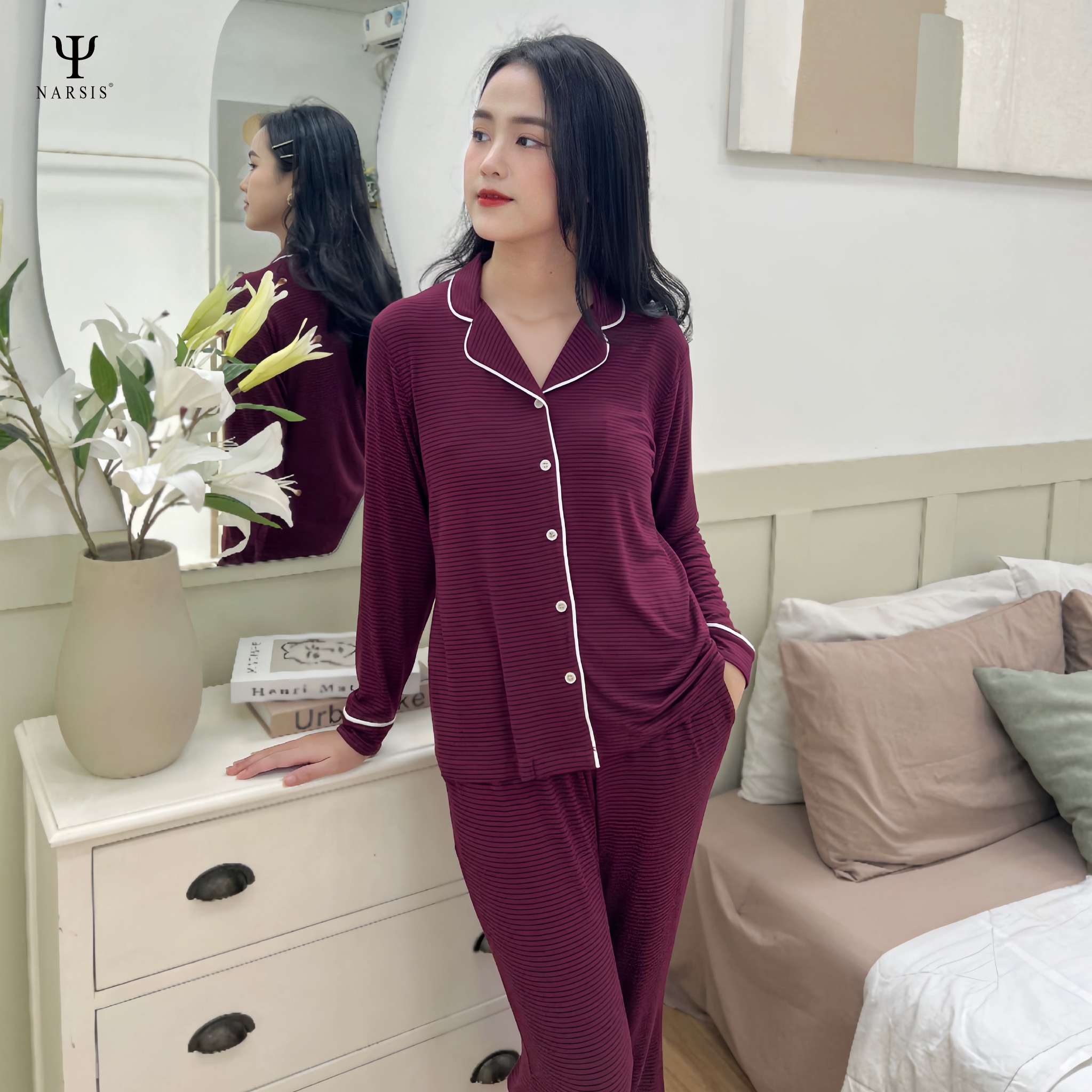 BỘ PIJAMA / BỘ NGỦ NỮ CHẤT COTTON BAMBOO KẺ NHÍ ĐỎ MẬN QUẦN DÀI ÁO DÀI SIÊU MỀM MẠI THOẢI MÁI - M...