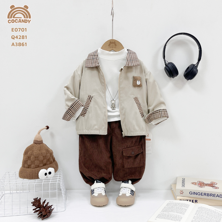 Áo khoác gió BE cổ caro nâu phối gấu_thumbnail_1