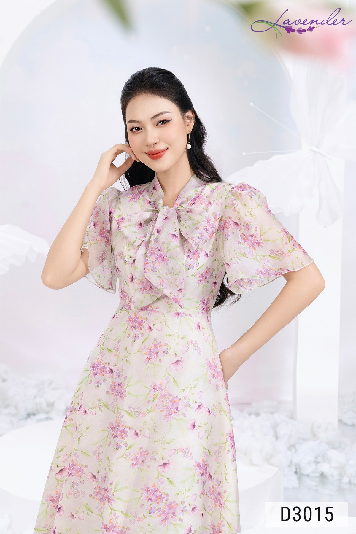 Đầm hoa tím cổ nơ tay bèo D3015_thumbnail_1
