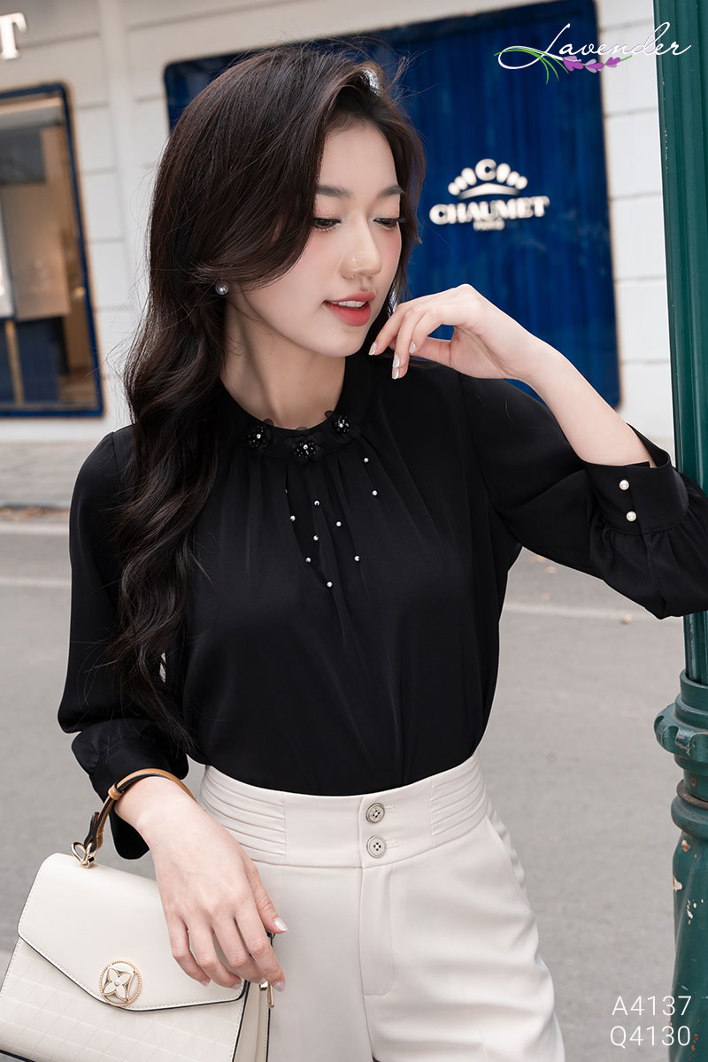 Set Áo sơ mi cổ trụ trang trí hoa S4137