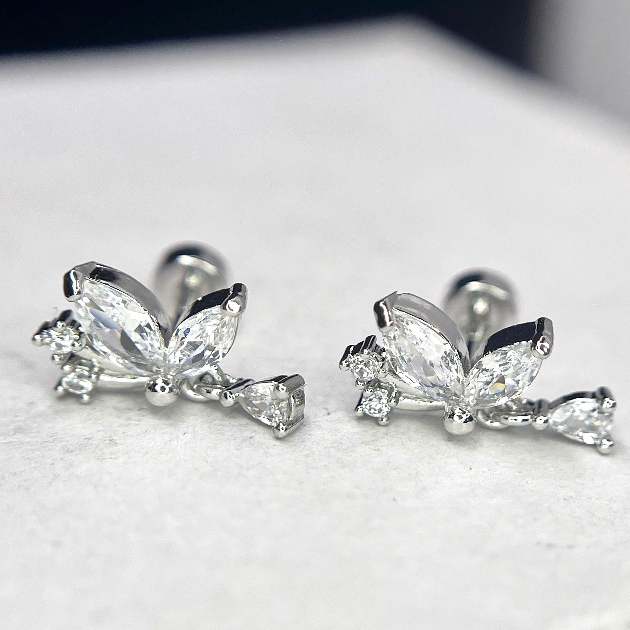 Khuyên kiểu 2 lá rơi đá trắng bi