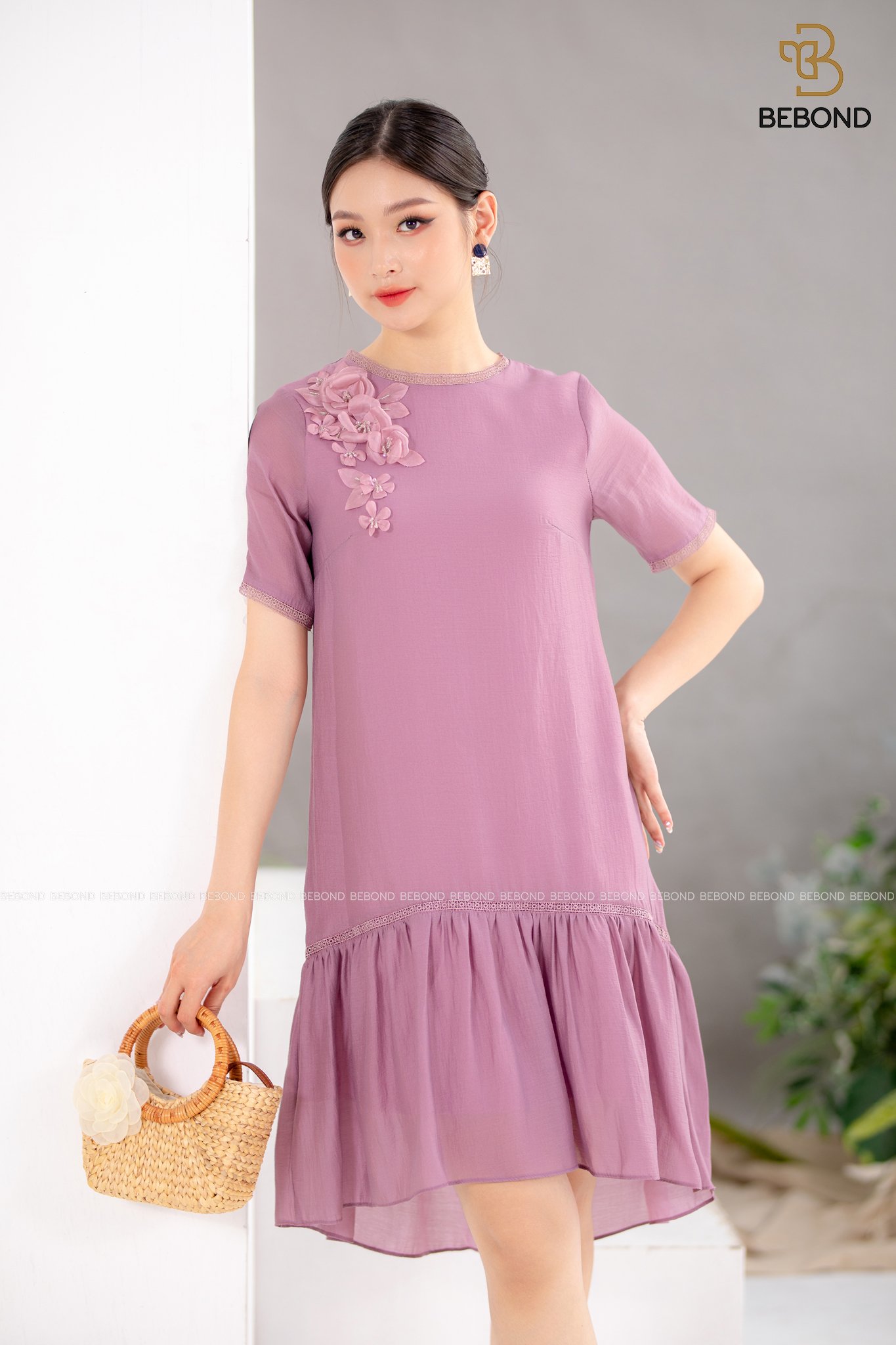 Đầm Owen tím đính hoa tơ crep