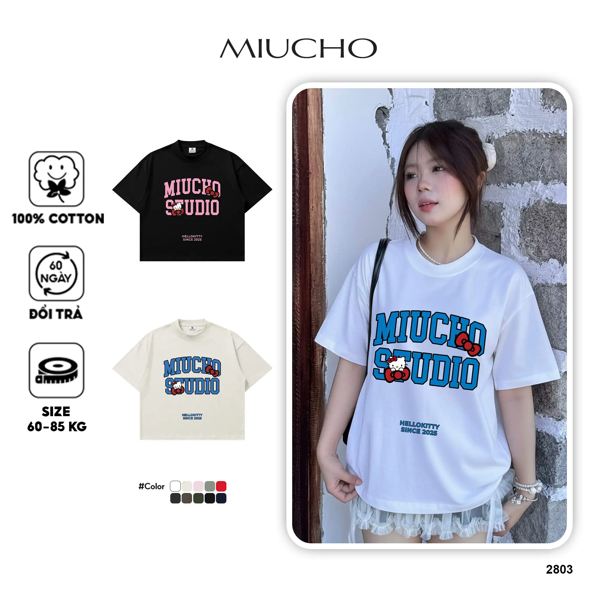 Áo thun boxy Miucho Studio chất vải thoáng mát mềm mại in chữ local brand hình Kitty nhiều màu 2803