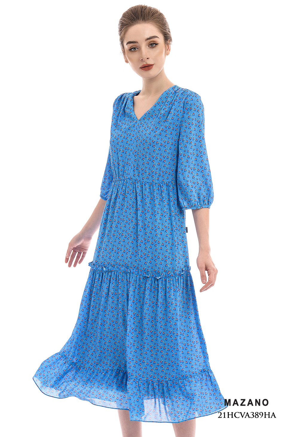 Đầm xanh họa tiết hoa bèo tầng họa tiết cổ V_thumbnail_4