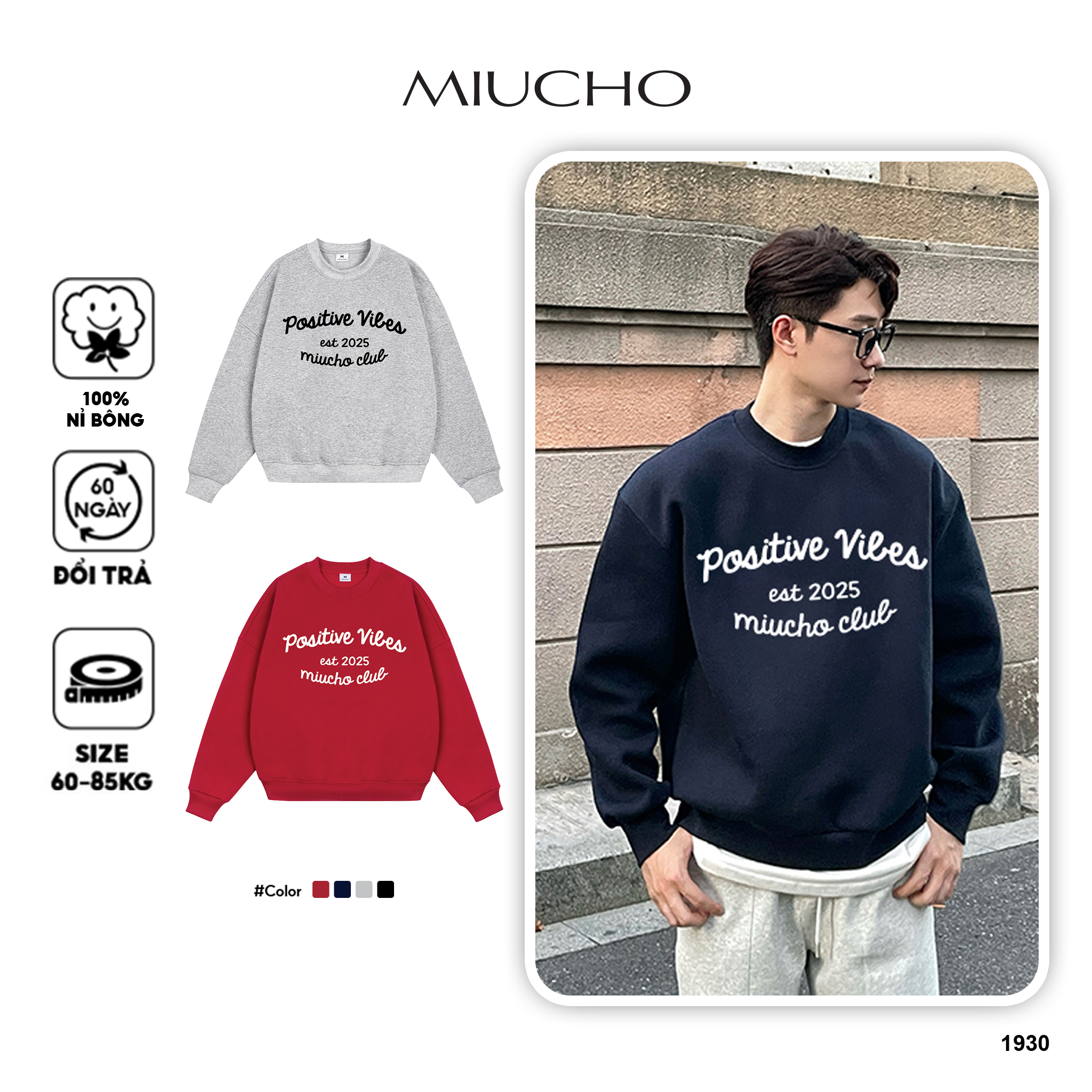 Áo sweater nam form boxy 1930 Miucho cổ tròn vải nỉ bông 350 GSM dày dặn in typography