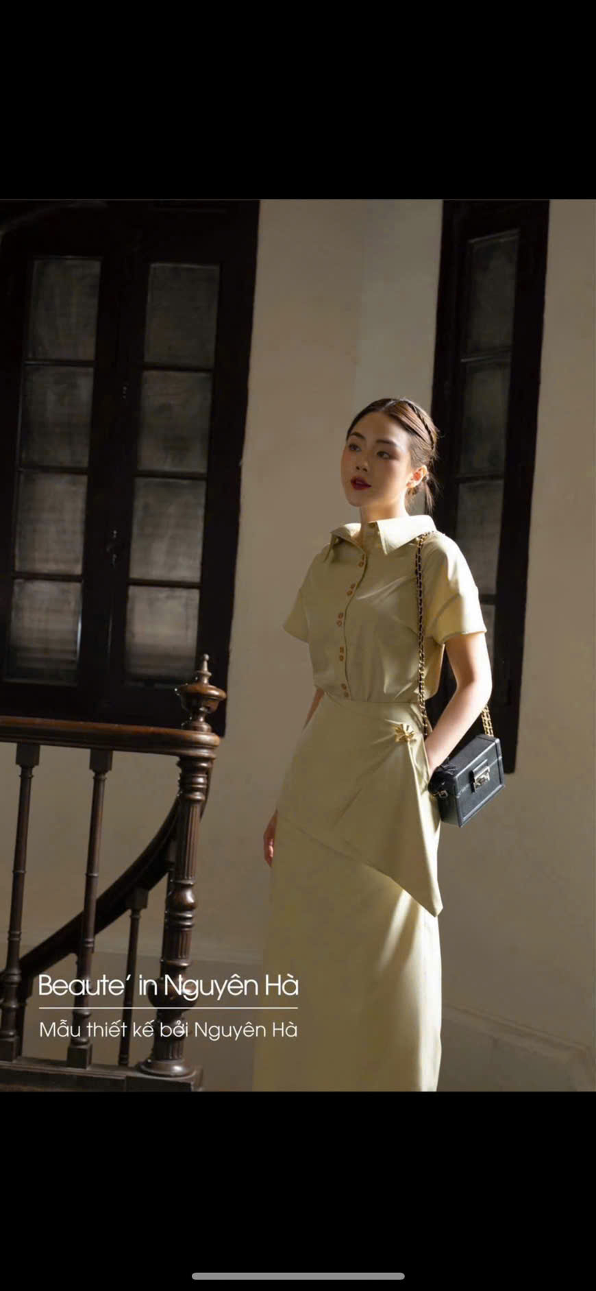 HJ95 Set áo có cổ + chân váy dài phối vạt