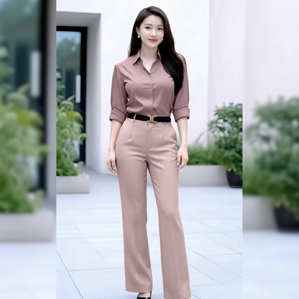 Set bộ quần dài áo sơ mi phong cách Basic