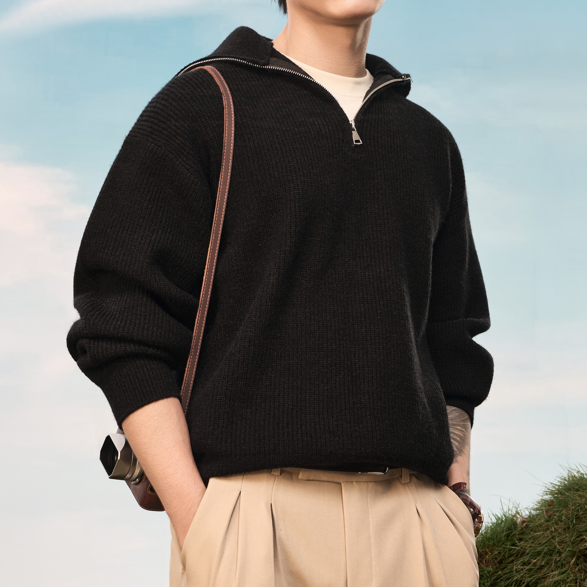 Áo Sweater Quarter-Zip Len Viscose Form Relaxed_thumbnail_6