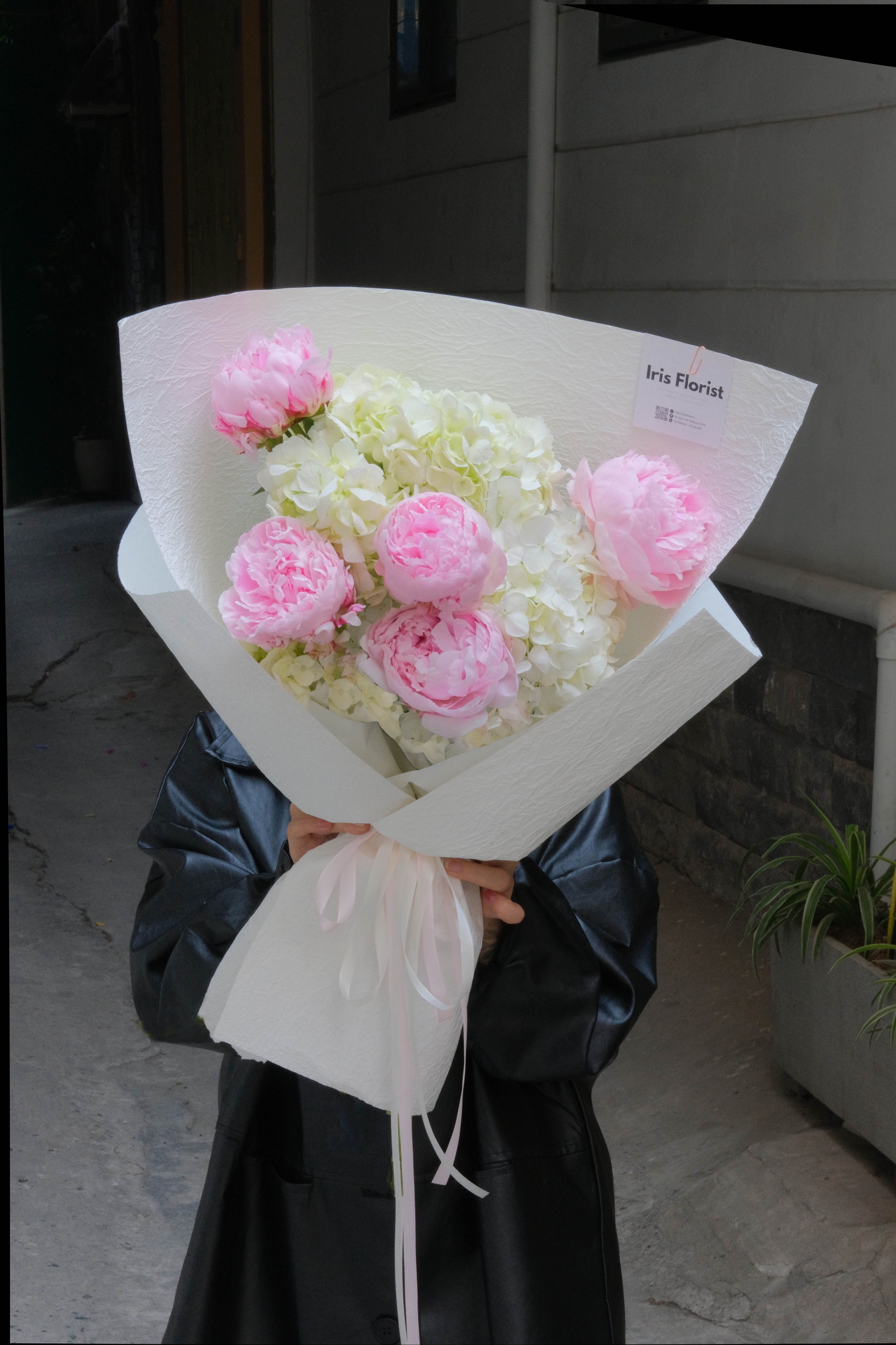 Bó hoa Tú Cầu trắng mix Peony Sarah