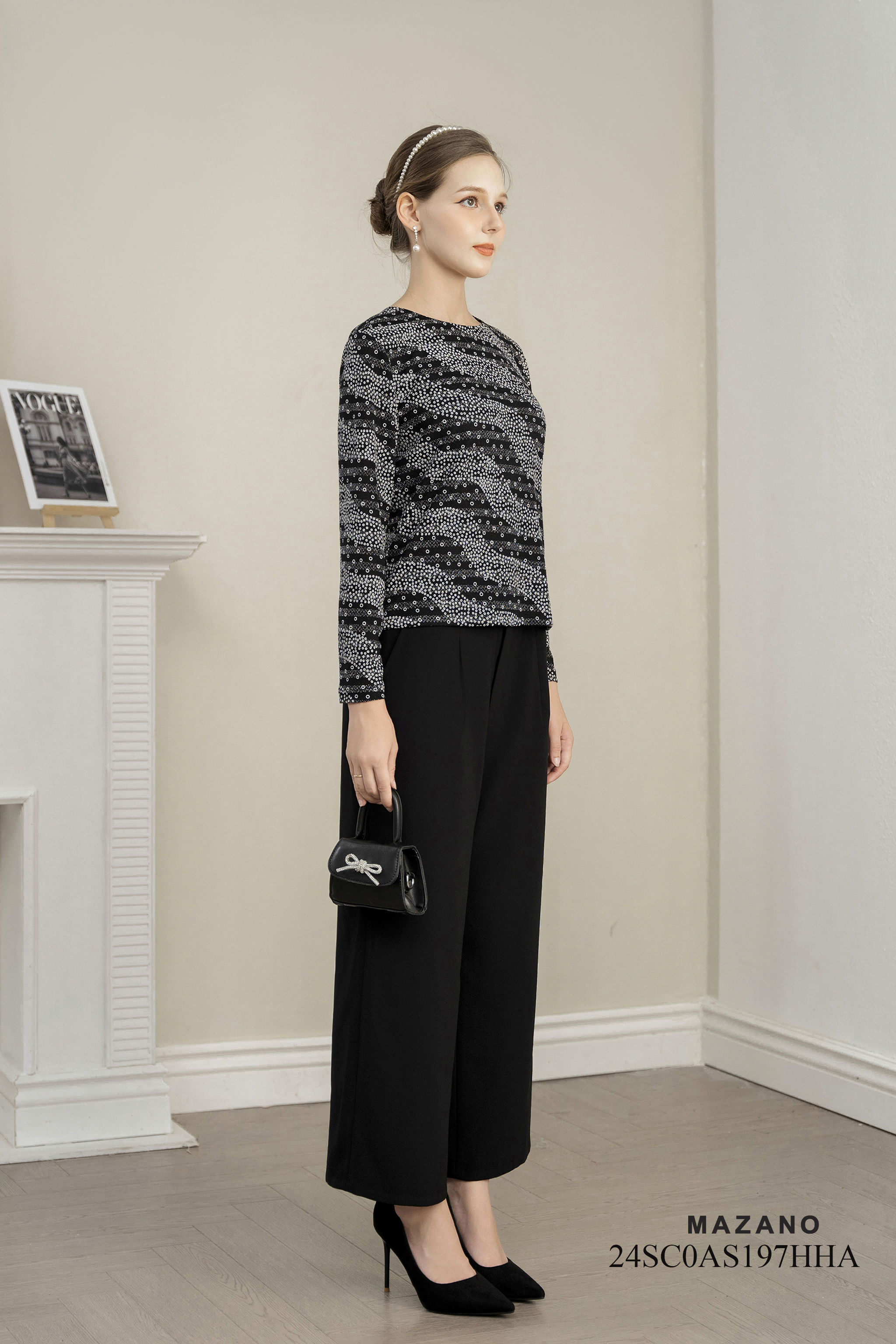 Áo top Suông Vải len nhũ Cổ tròn Tay dài Dáng lửng_thumbnail_2