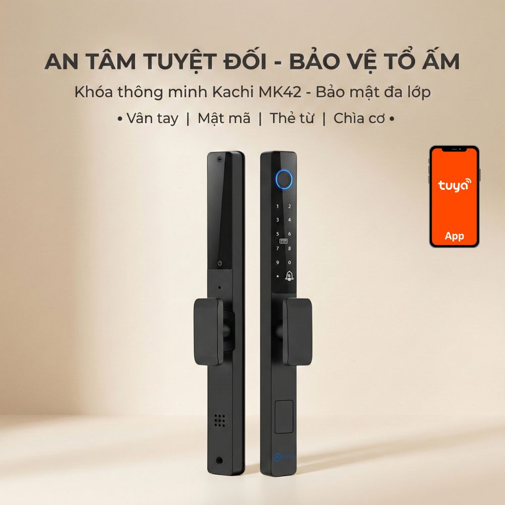 Khóa Thông Minh Kachi MK42 - Chuyên Dụng Cửa Nhôm Xingfa, Cửa Kính | Mở Khóa Qua App Tuya, Vân Tay, Thẻ Từ | Chống Nước IP65