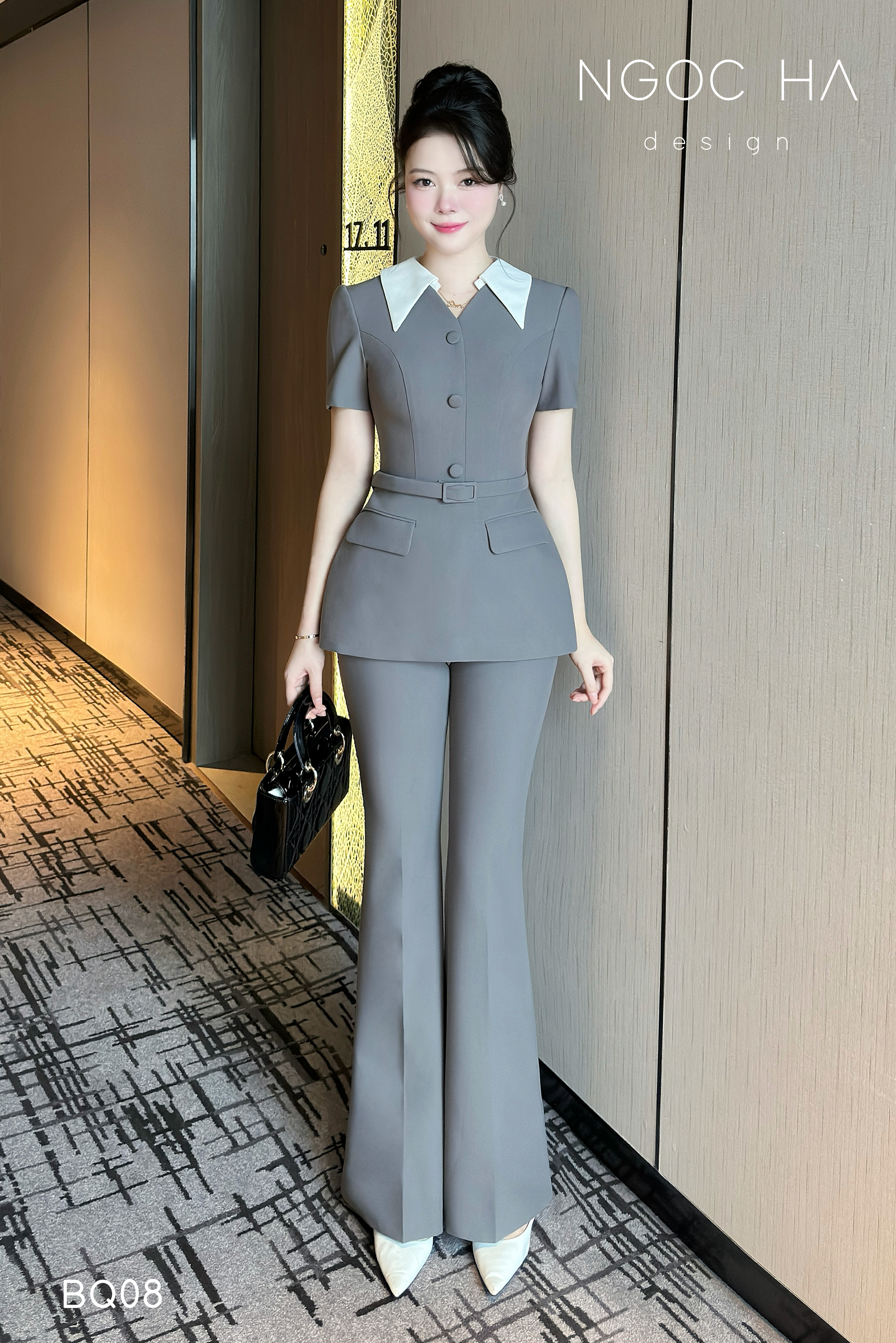 Darling Set_ Bộ Cộc Tay Mix Cổ Trắng Quần Loe Màu Ghi BQ08_thumbnail_3