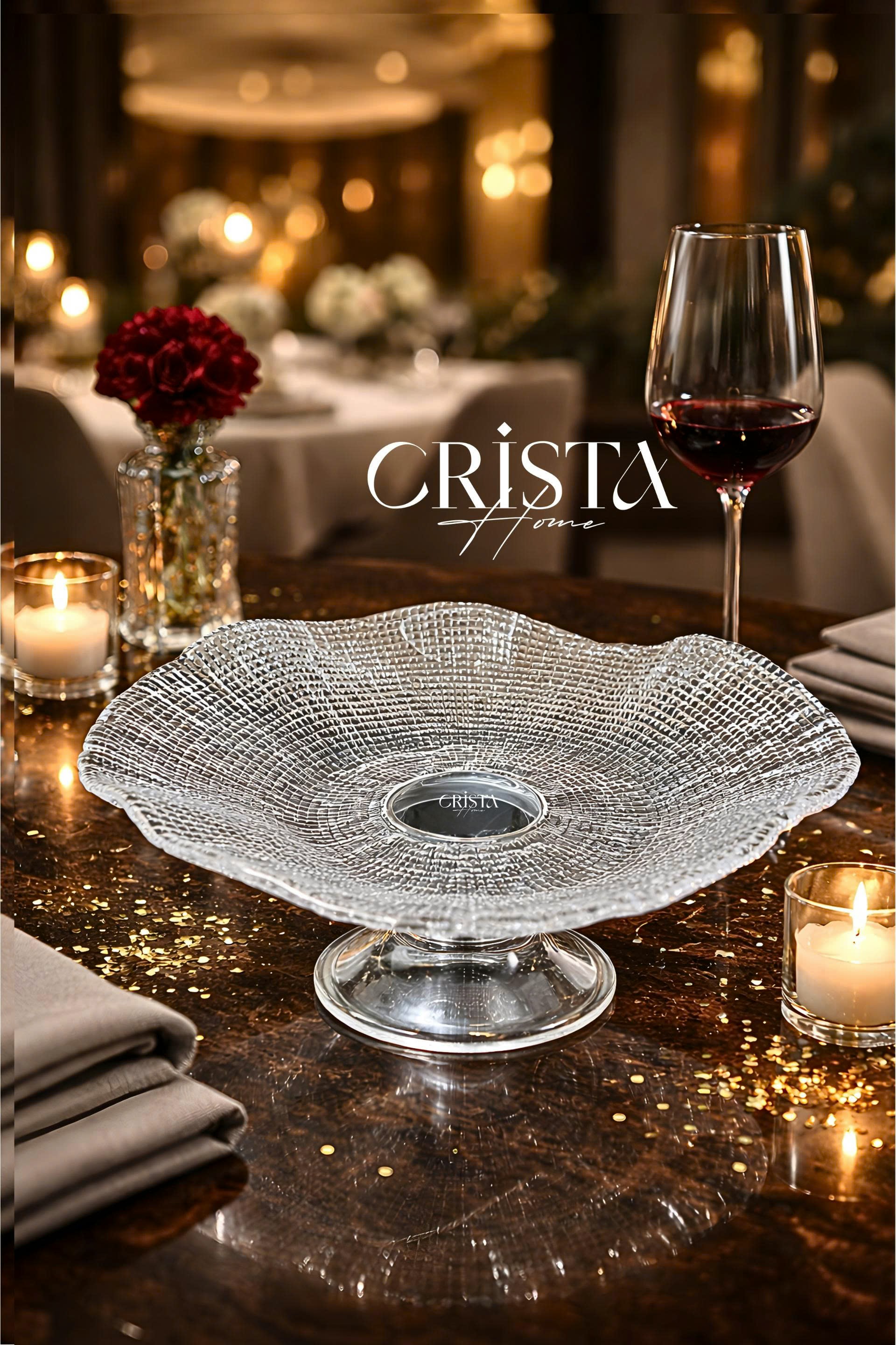 Đĩa thủy tinh cao cấp CRISTA HOME chân bồng vân lưới size 29 cm