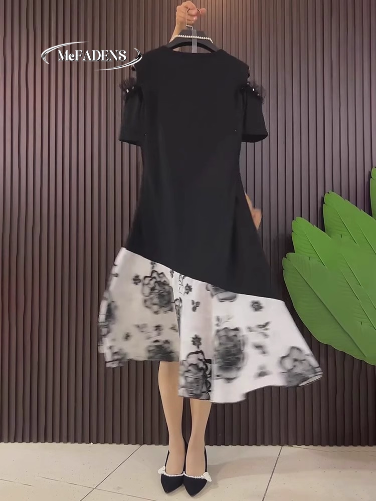 17814-Đầm xòe khoét vai thân đen phối vạt lụa in hoa 5D ( thun nhât, lụa)_thumbnail_1