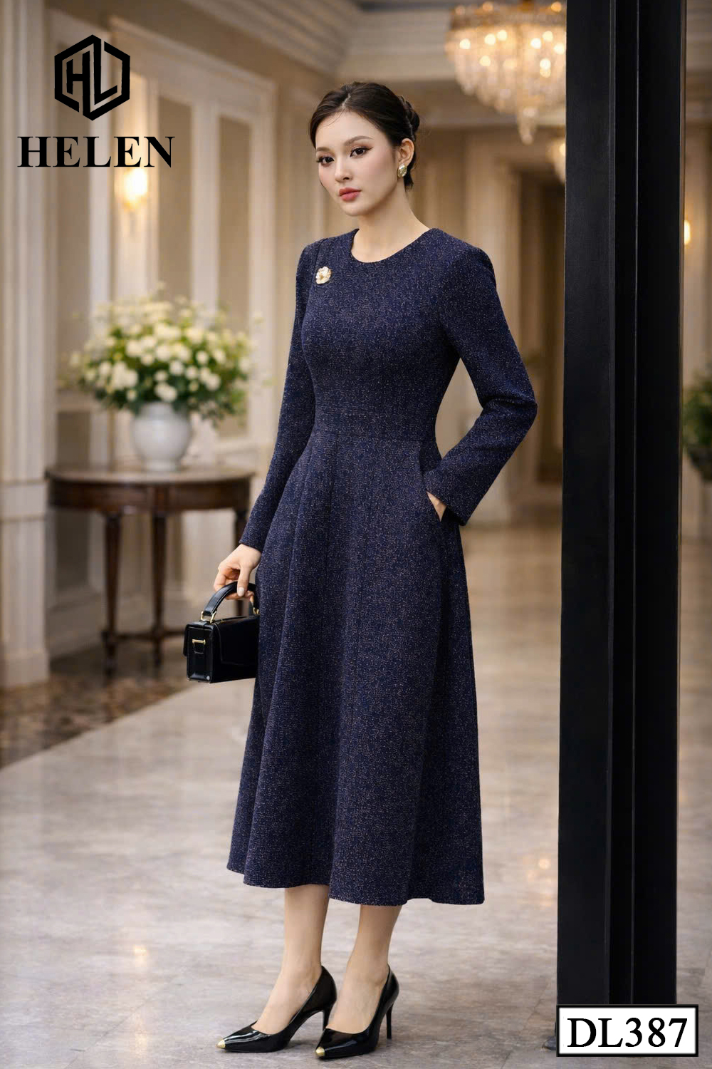 (Pre-order) Đầm dạ xanh than cổ tròn tay dài DL387_thumbnail_2