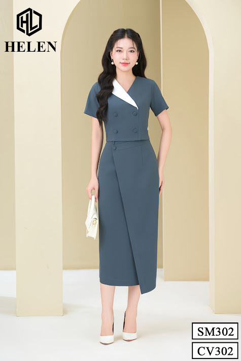 SET sơ mi phối cổ trắng + chân váy ôm màu ghi đính cúc bọc SET302CV