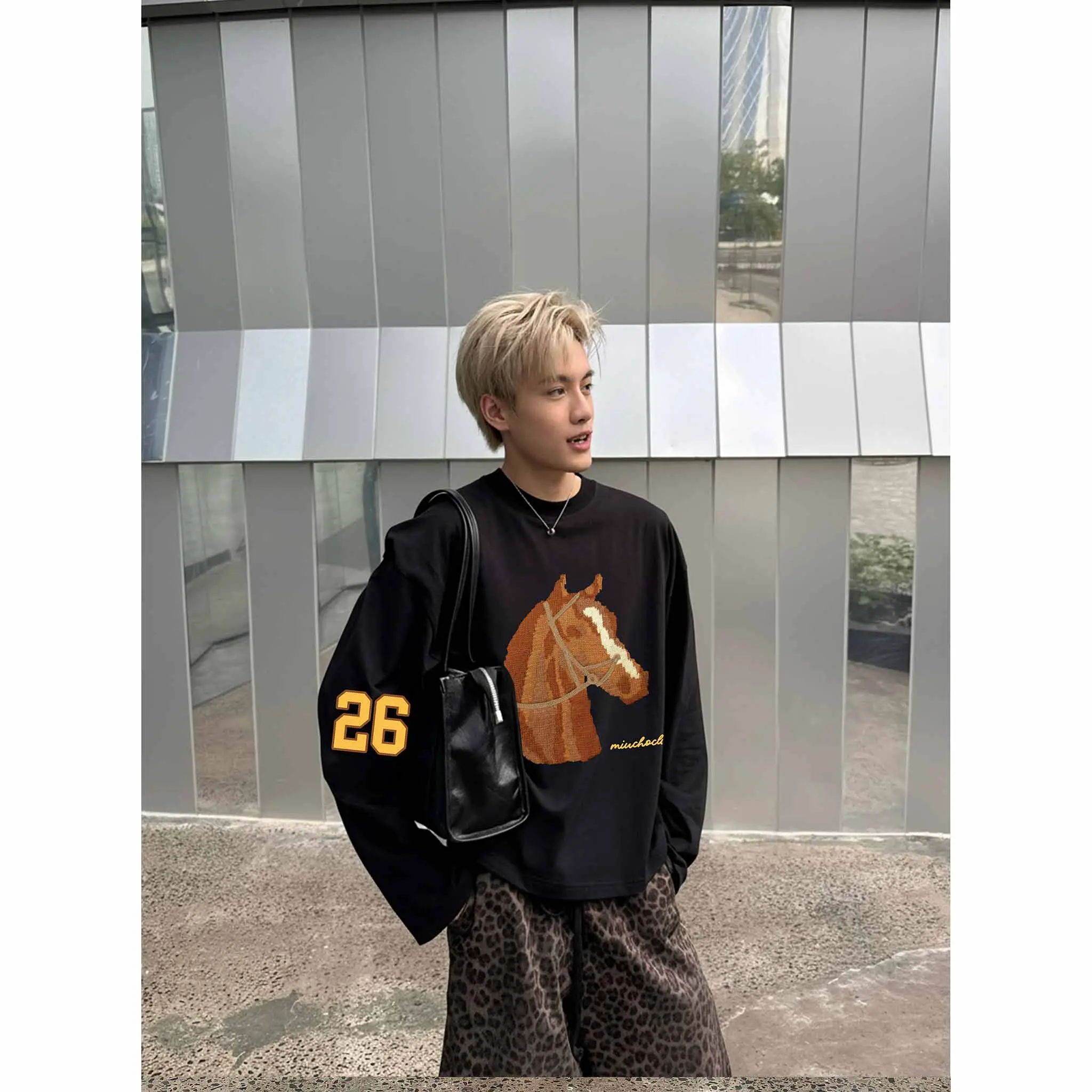 Áo thun tay dài form boxy Miucho Club vải cotton thoáng mát dày dặn dễ phối hình ngựa in mix 2786_thumbnail_5