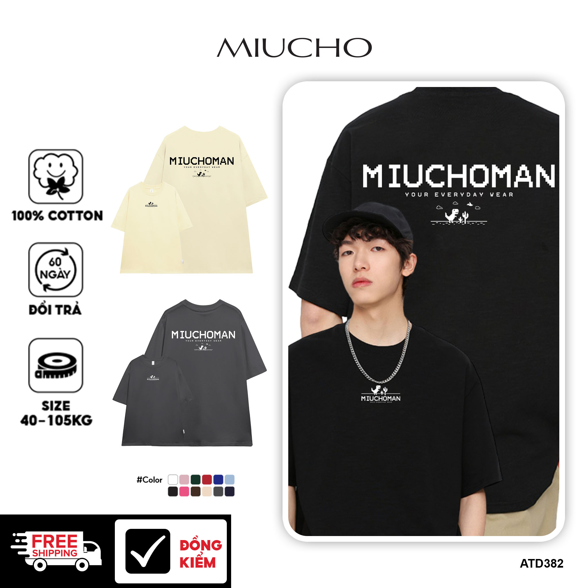 Áo thun nam form rộng ATD382 Miucho Man cotton cổ tròn in typography