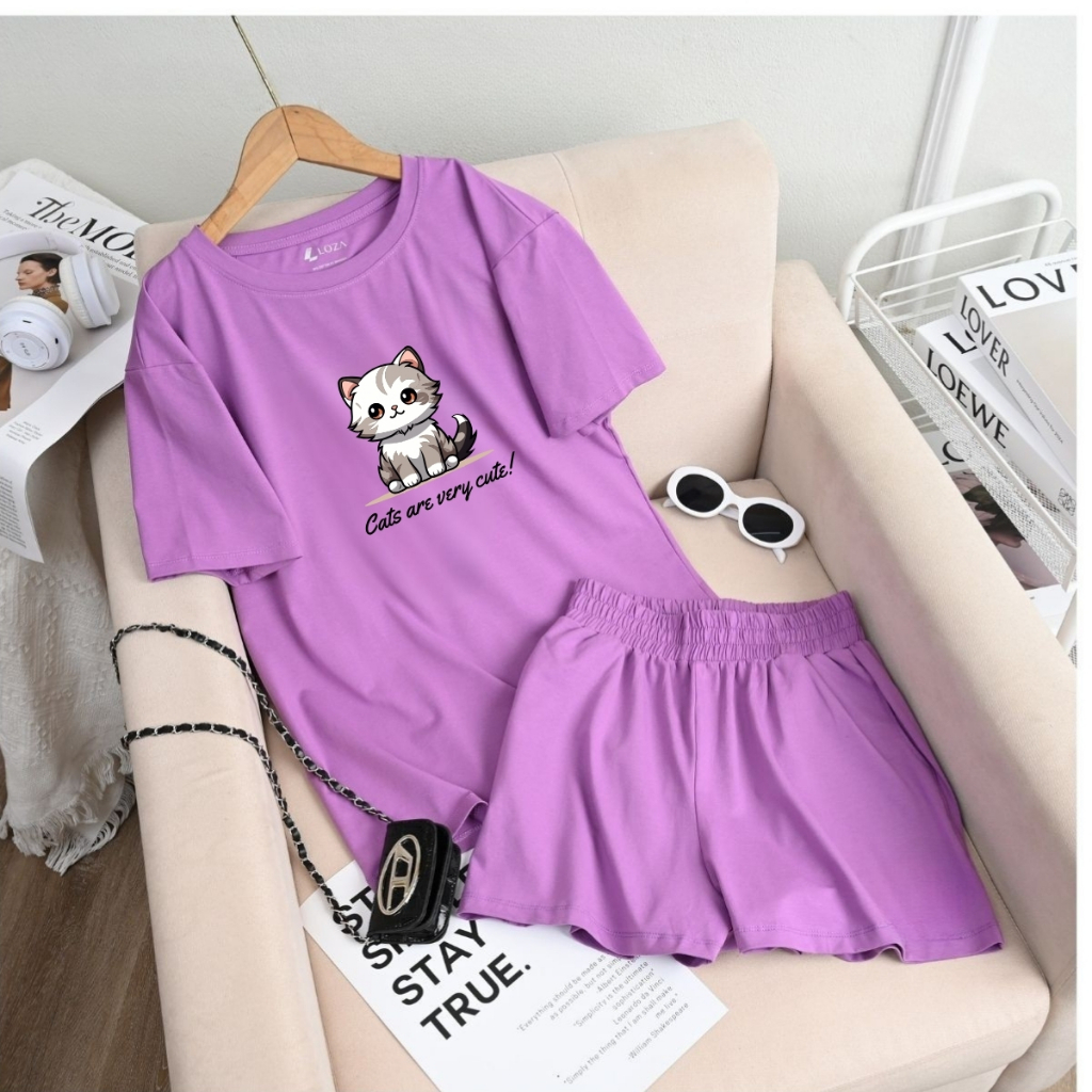 [Form rộng] Set đồ nữ hình màu tím chất cotton - Đồ bộ nữ thời trang (áo phông + quần đùi cotton) - LOZA G0283_thumbnail_11
