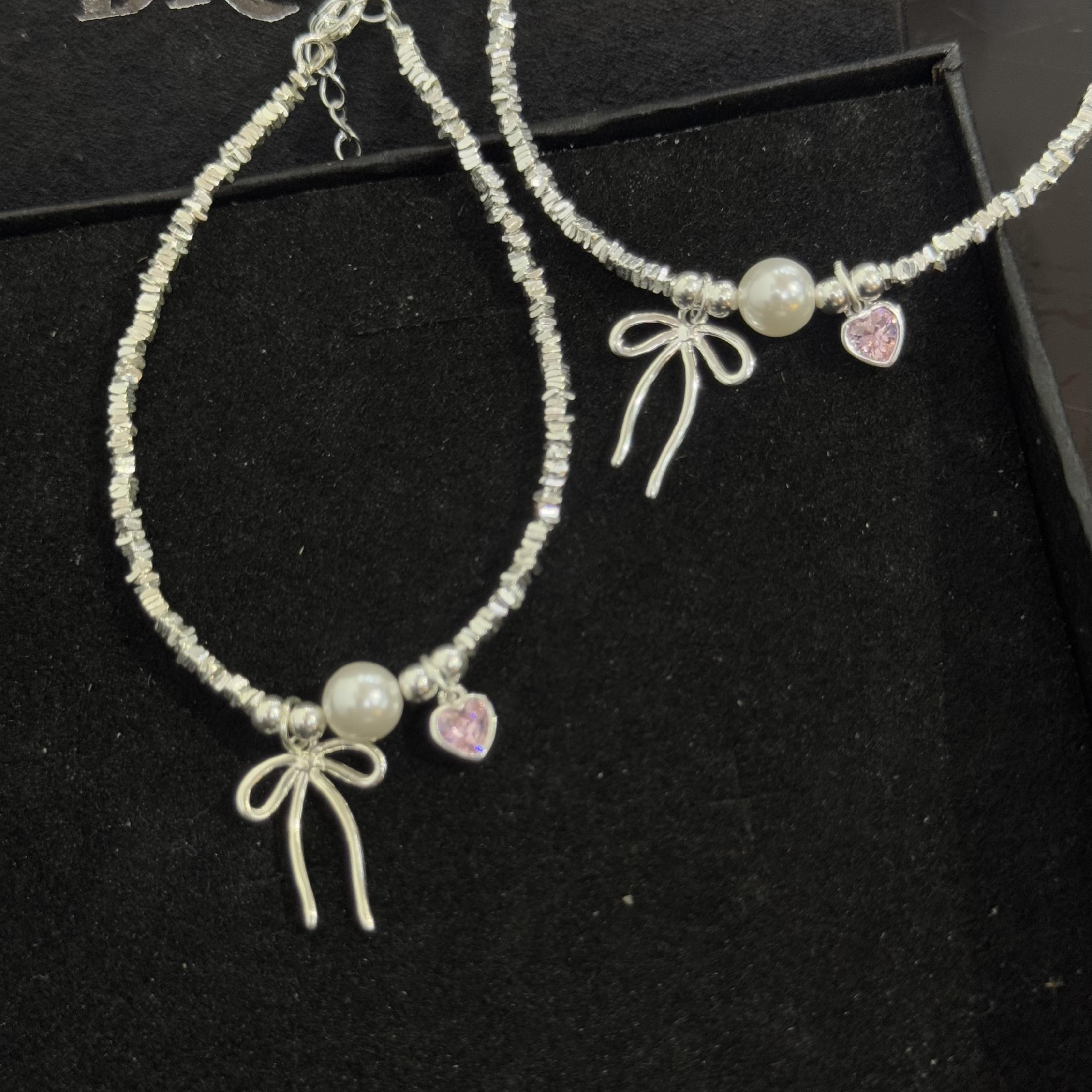 vòng tay bạc xi kim dây khối nhỏ charm ngọc trai nơ trái tim điệu đà