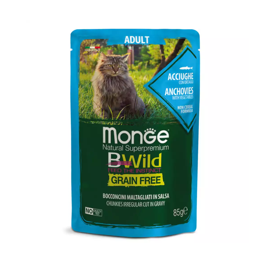 Pate cho mèo Monge Bwild - Pouches - Chunkies Adult Anchovies With Vegetables (vị Cá cơm và rau) 85gr