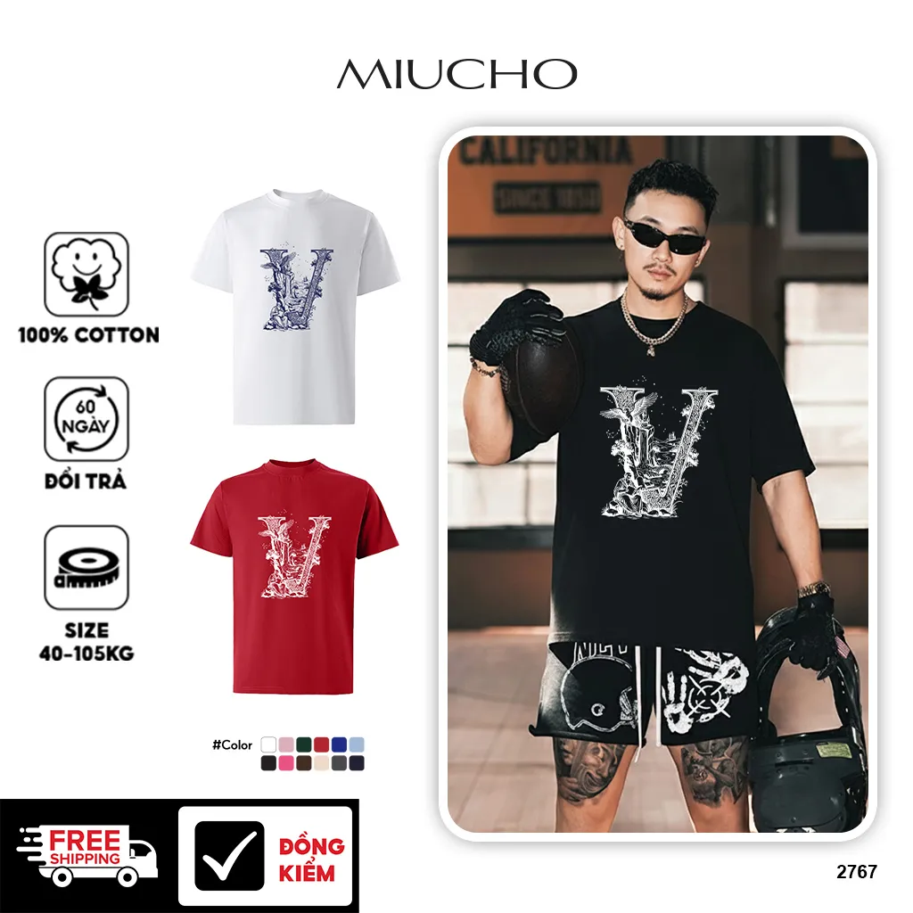Áo thun nam form rộng Miucho Iconic cotton thoáng mát dày dặn chữ V nghệ thuật nhiều màu 2767