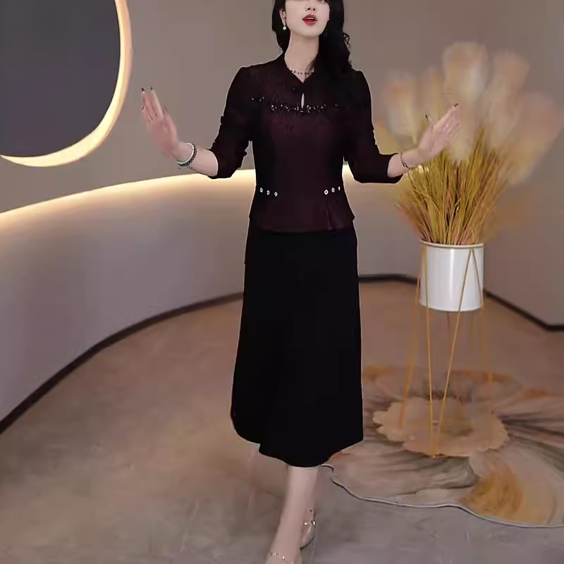 15220-Đầm A dáng peplum phối 2 màu đỏ đen  cổ kết nút tàu ( lụa vân gấm, chéo nhật)_thumbnail_1