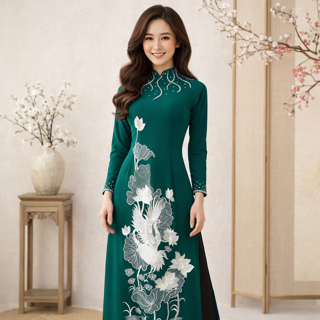 Áo Dài Mẹ Cô Dâu Chú Rể Màu Xanh Rêu Thêu Hạc Hoa Sen Sang Trọng AM26-12