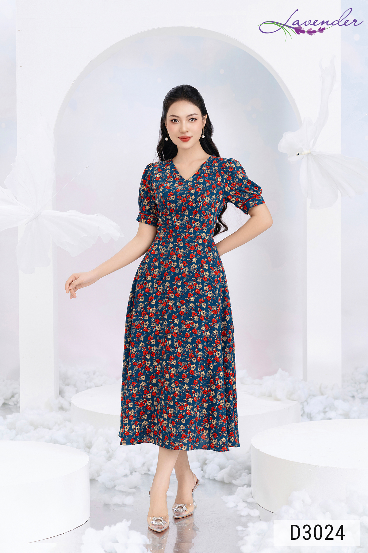 Đầm hoa lụa cổ V tay ngắn D3024_thumbnail_2