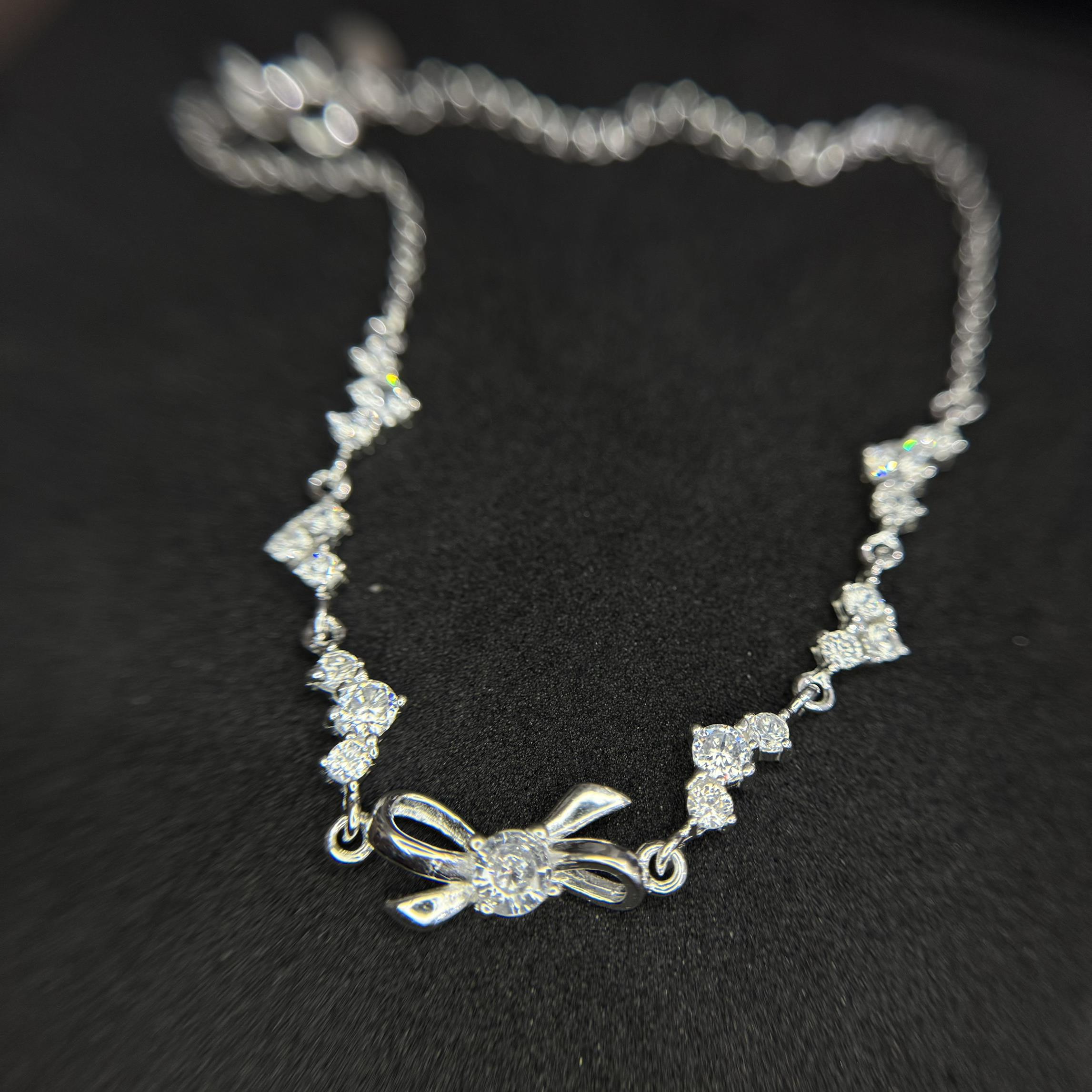 vòng tay bạc s925 dải dây đá tim kết nối mặt nơ trơn điểm đá nữ tính 