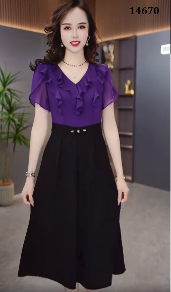 14670-Đầm xòe A phối hai màu tím đen cách điệu ( voan, poly 2  da)_thumbnail_0