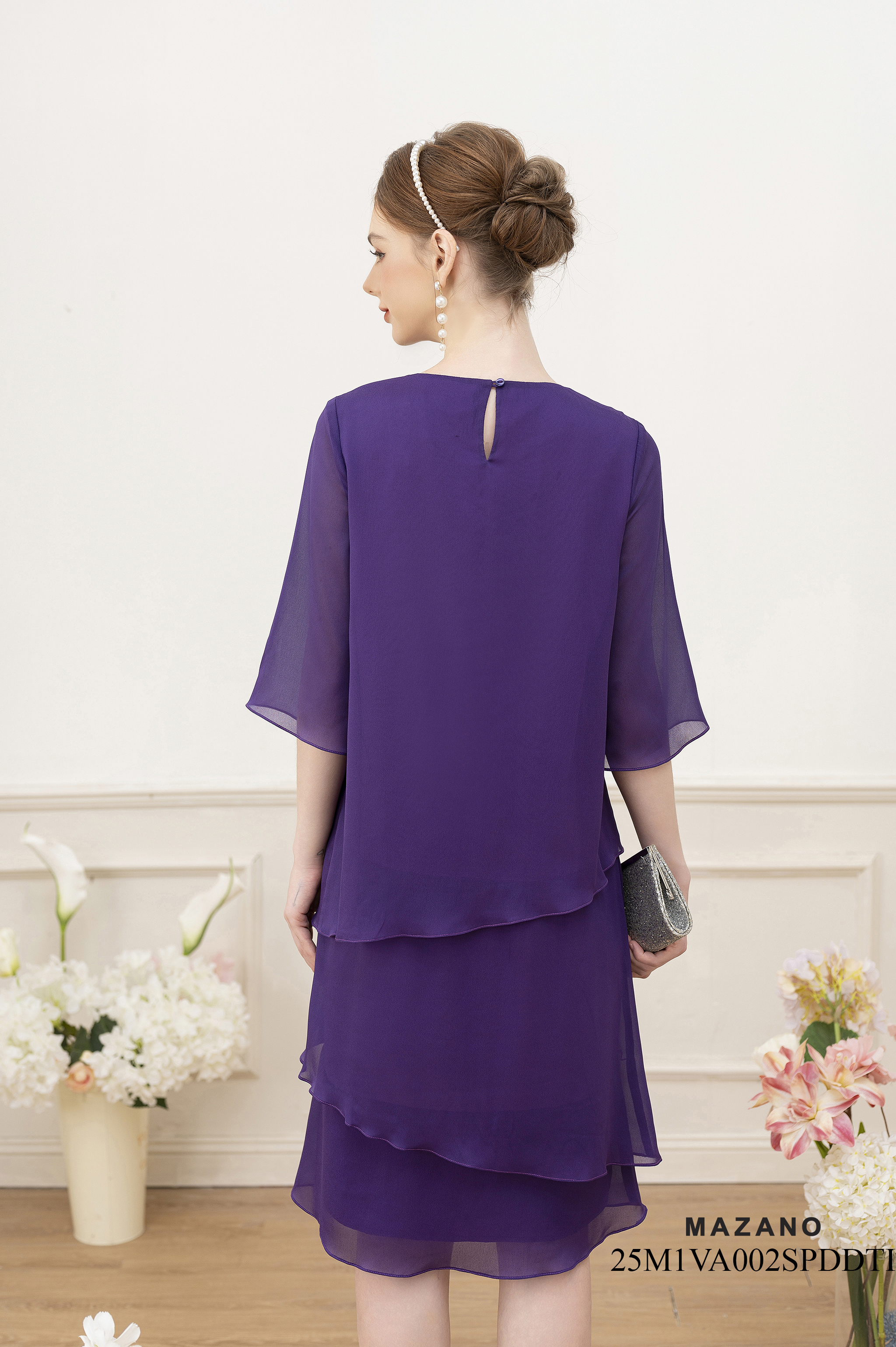 Váy Đầm Suông Vải voan Đính hoa thủ công Cổ V Tay lỡ Dài qua gối_thumbnail_5