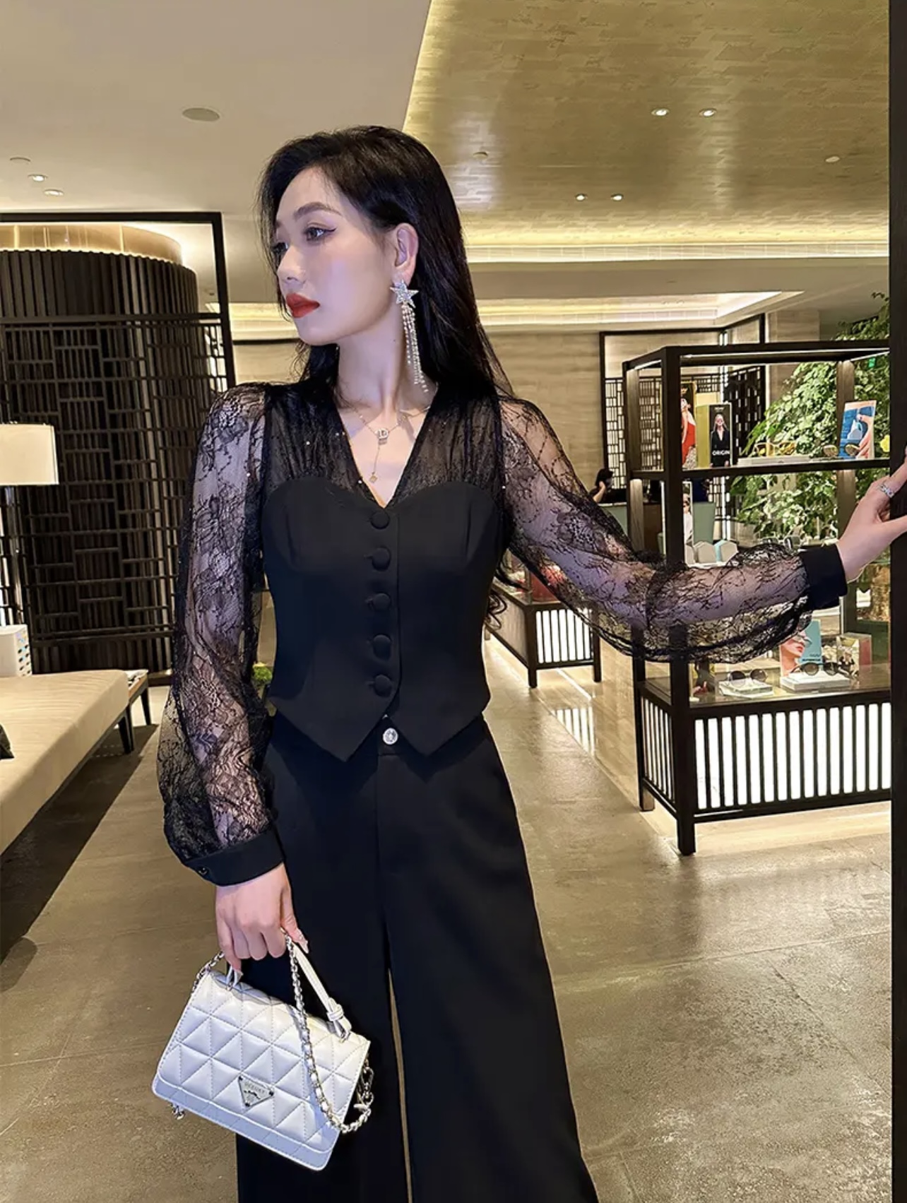 Set bộ áo kiểu cổ điển tay phối ren quần ống rộng_thumbnail_5