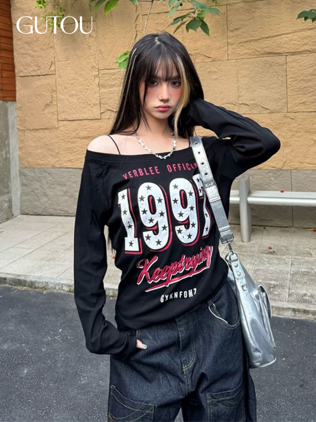 [ GUTOU ] Áo Thun Tay Dài Trễ Vai Retro 1997