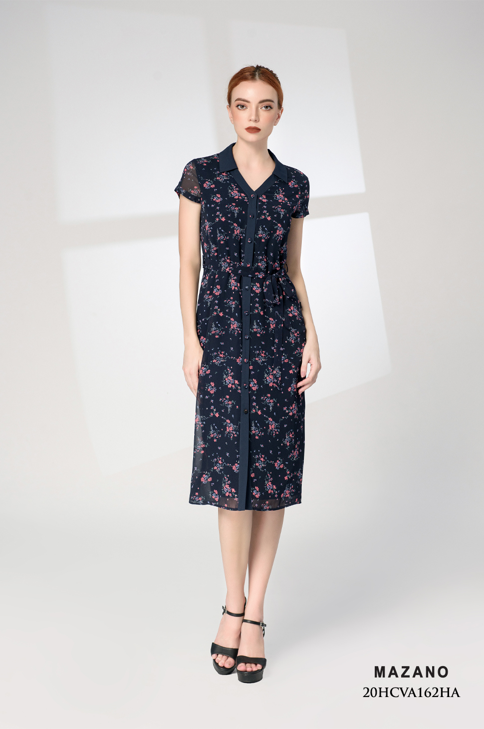 Đầm sơ mi xanh than cổ Y phối nẹp