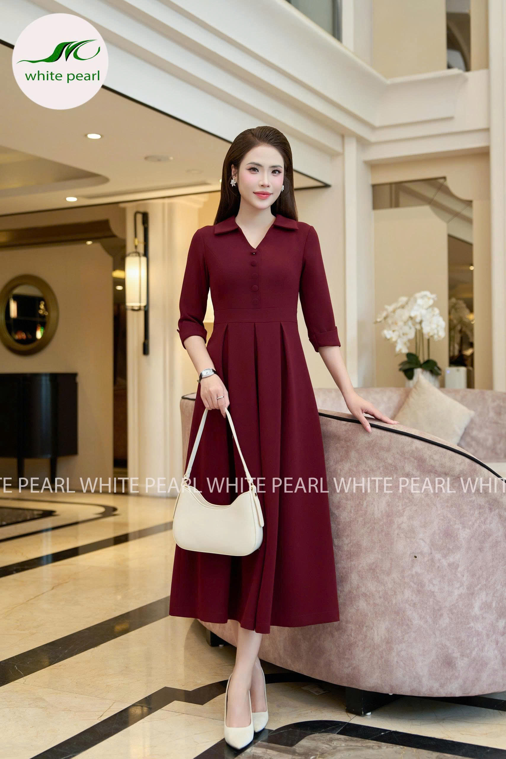 Đầm liền tay lỡ Thời Trang Công Sở Nữ Cao Cấp White Pearl