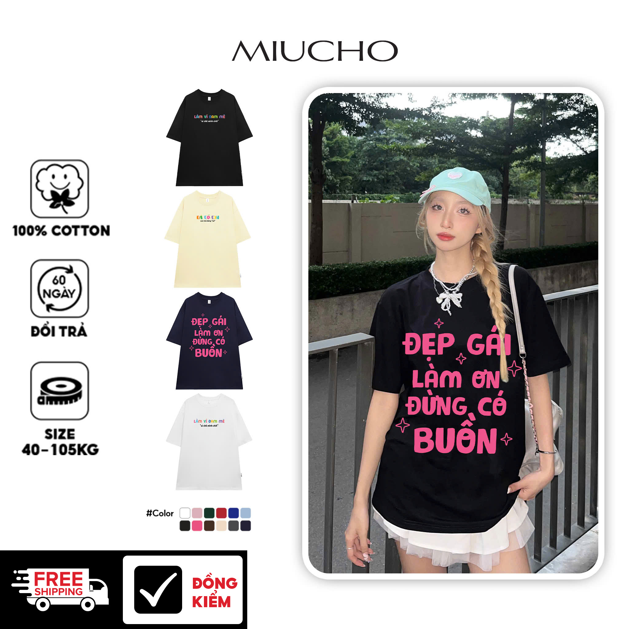Áo thun local brand in chữ dễ thương form rộng Miucho BST cổ tròn vải cotton 4c thoáng mát in mix