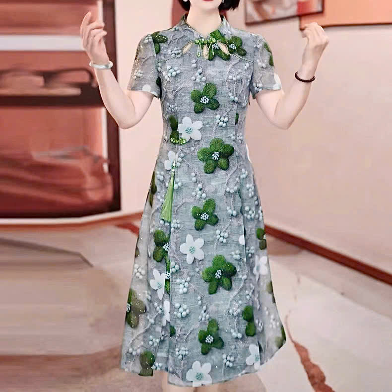 17894-Đầm suông A hoa xanh  cổ tàu kết nút  ( voan lụa, lót)_thumbnail_1