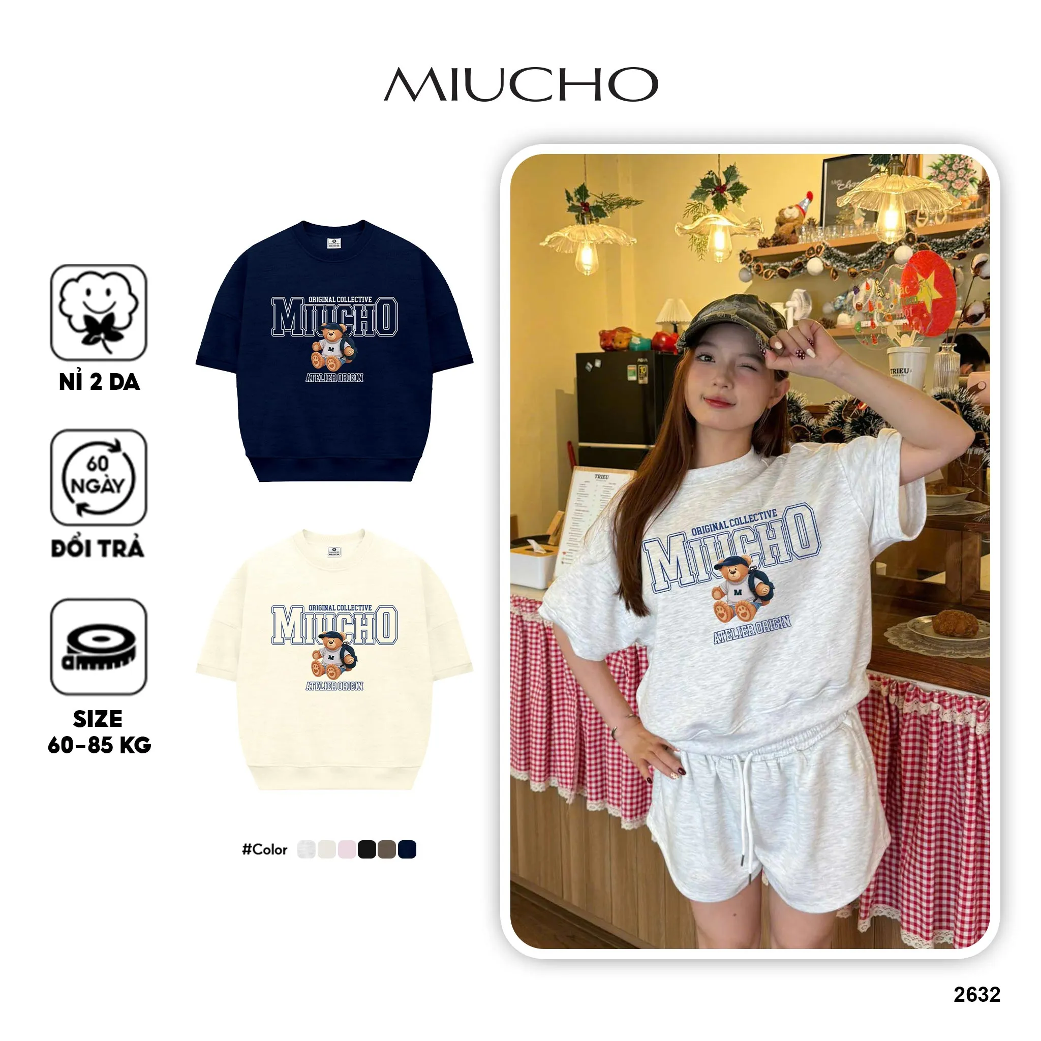 Áo sweater nữ boxy tay ngắn Miucho nỉ 2 da dày dặn thoáng mát cổ tròn hình gấu bông dễ thương 2632_thumbnail_1