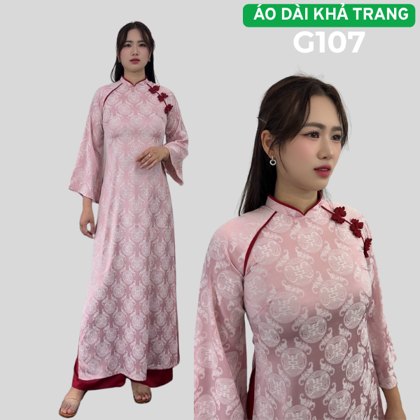 G107 Áo dài Gấm Dáng Suông màu Hồng phấn Cổ cao 2cm tay Loe