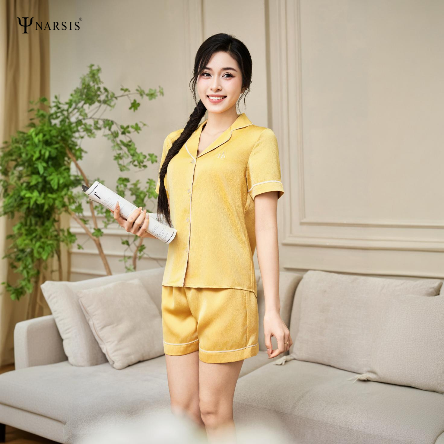 Bộ Đồ Ngủ Pijama Lụa Ngọc Trai Narsis M25005, Áo Tay Ngắn, Quần Cộc, Thanh Lịch, Mềm Mịn, Mùa Hè