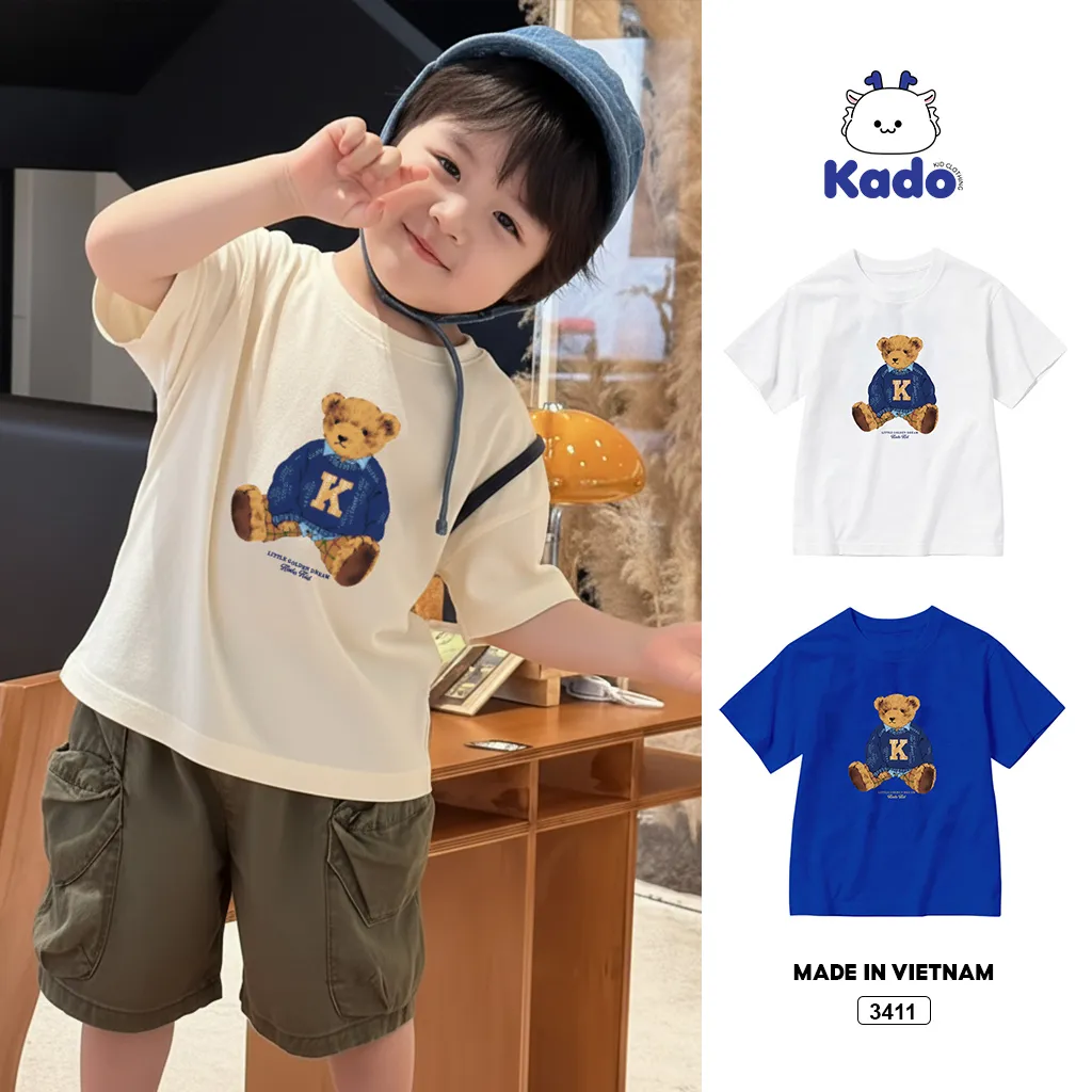 Áo thun bé trai bé gái Kado Teddy form rộng 3411