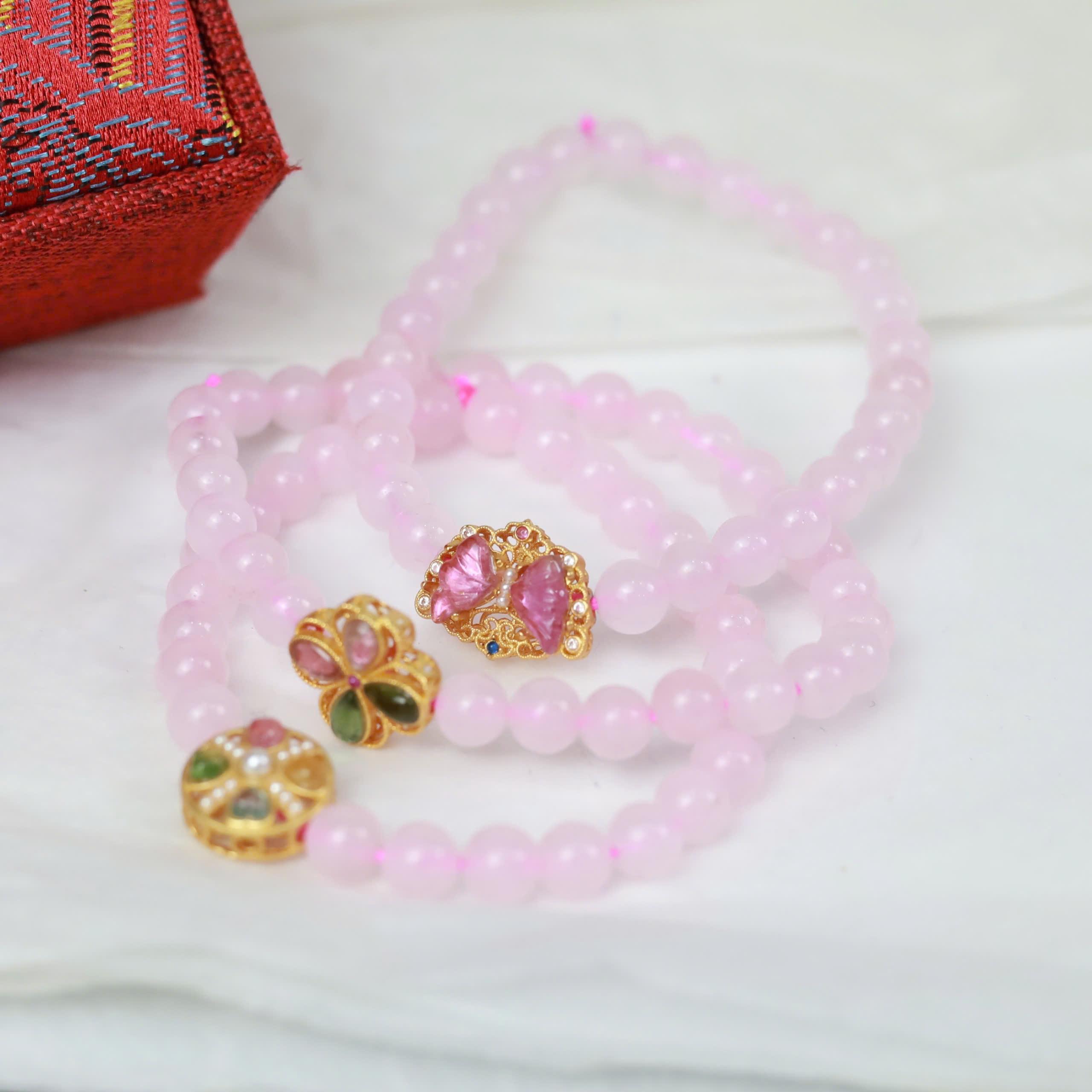 Vòng tay thạch anh hồng mix charm tourmaline mạ vàng_thumbnail_3