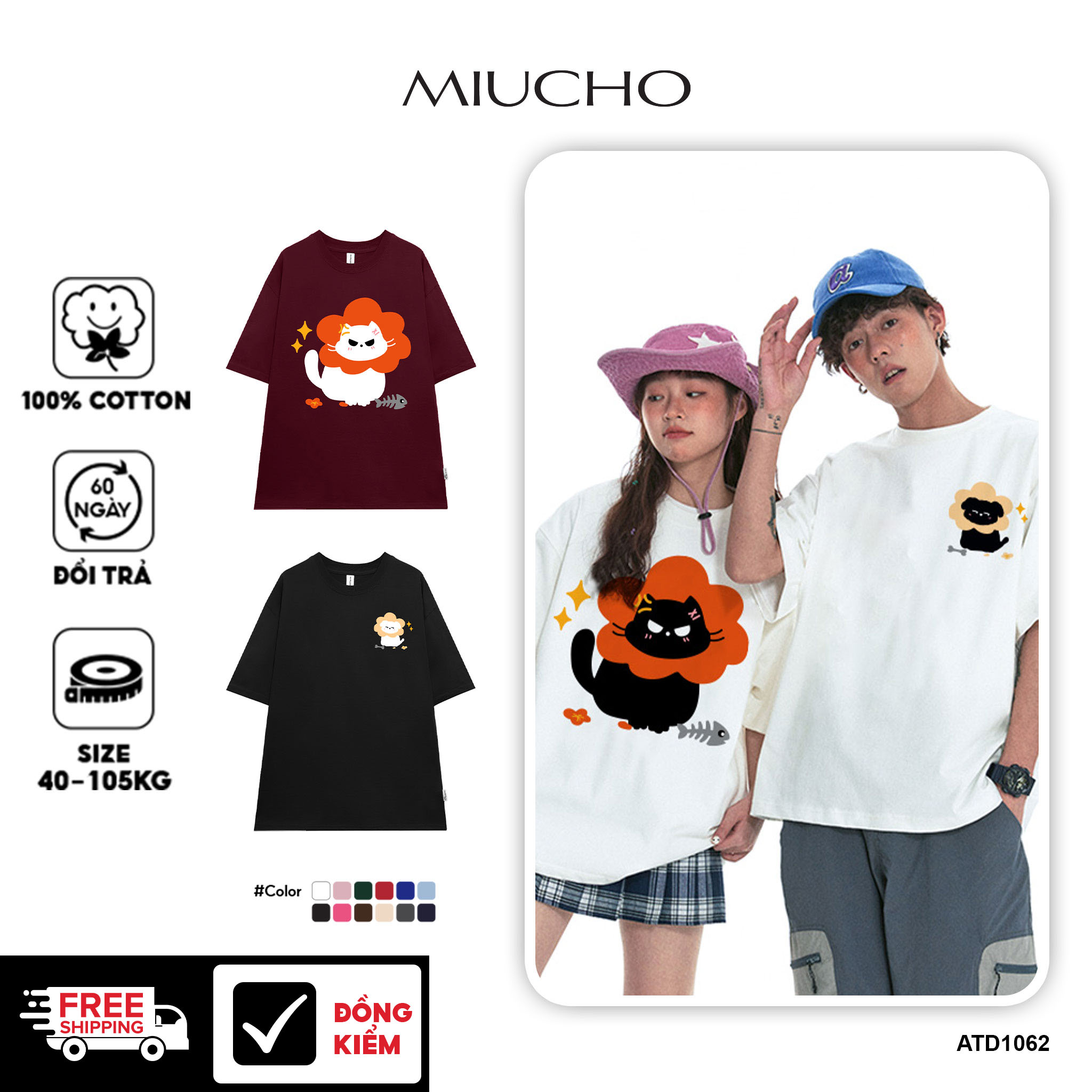 Áo thun couple cặp đôi cực dễ thương form rộng unisex ATD1061 Miucho tay lỡ cổ tròn in artwork